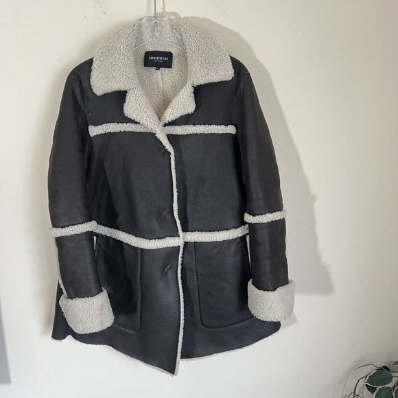 Lafayette 148 Dark Brown Sheep Shearling Lined Leather Coat Jacket Size Medium - Picture 2 of 11